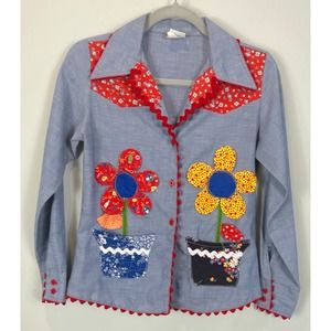 Vintage 70s Sears "Growing Girl" Kidcore Applique Flowers Chambray Shirt  Size S